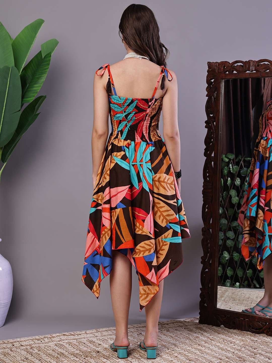 Women's MultiColor Abstract Print Cotton Handkerchief Hem Dress Midi Dresses - Image 2