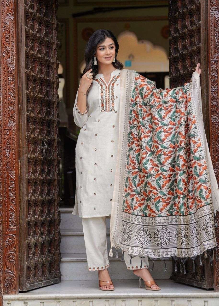 Women's Cotton Embroidered Straight Kurti With Pant and Dupatta Set