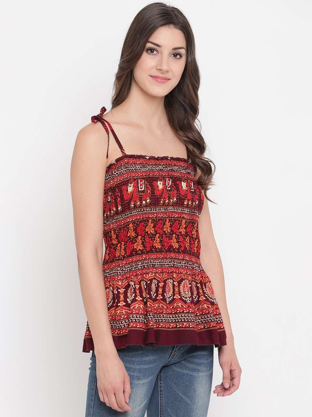 Women's Rayon Printed Casual Summer Style Tie Shoulder Straps Free Size Tank Top ( Multi2)