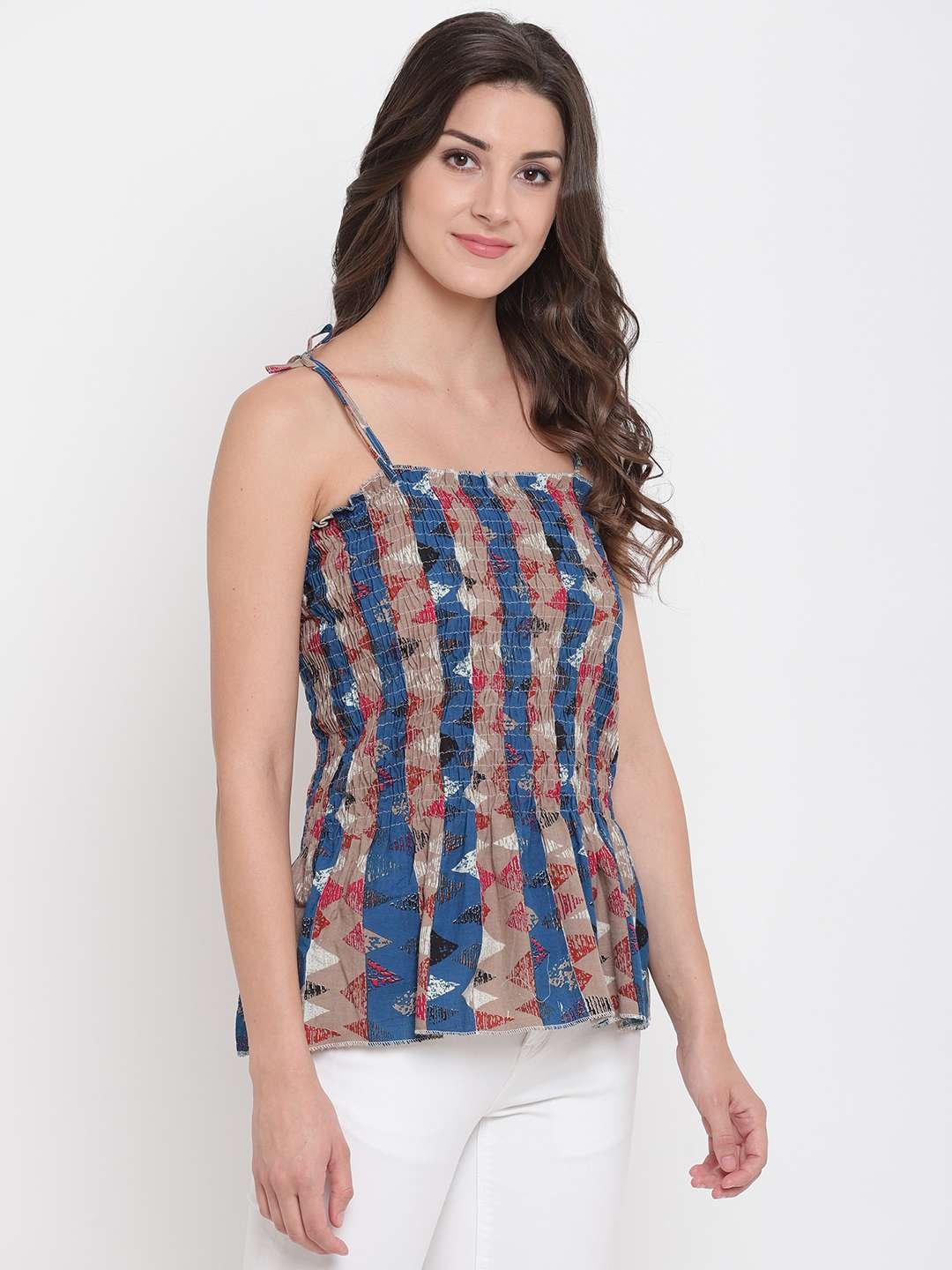Women's Rayon Printed Casual Summer Style Tie Shoulder Straps Free Size Tank Top ( Multi15)