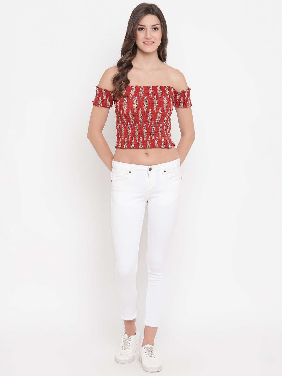Women's Rayon Printed Off-Shoulder Smocked Crop Top Short Sleeve Casual Styles Tank Top (FREE SIZE) Multi43