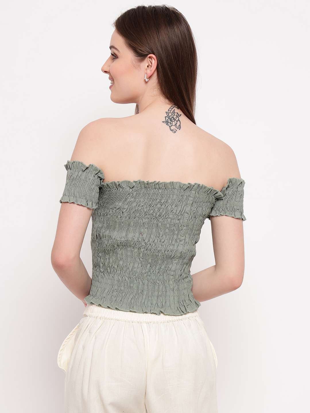 Women's Rayon Solid Off-Shoulder Smocked Crop Top Short Sleeve Casual Styles Tank Top (FREE SIZE) Multi27 - Image 3